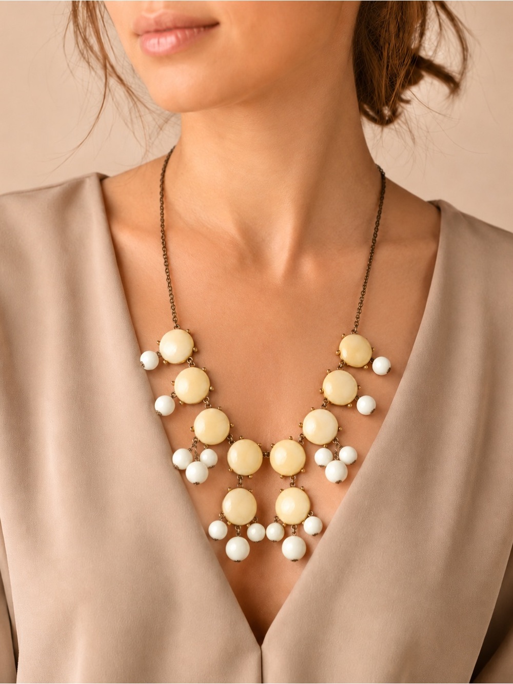 Cream Ivory Statement Bib Necklace Chunky Beaded Retro Gold Tone
